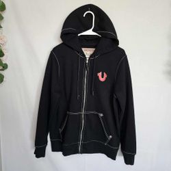 True Religion Hoodie Black Full Zip World Tour Red Logo Mens Medium M 