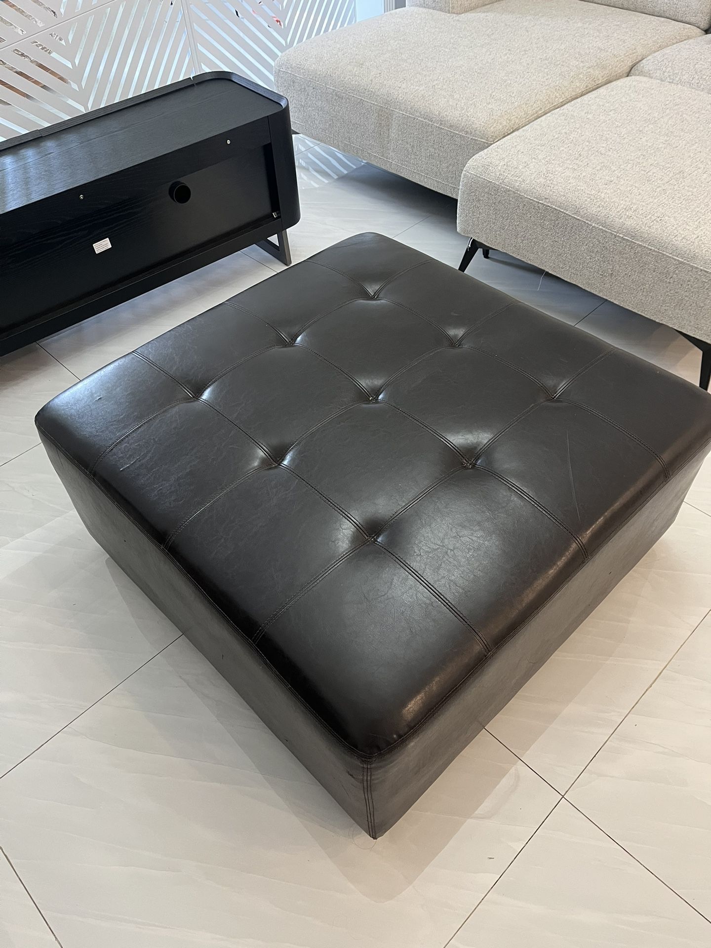 Black Leather Ottoman 