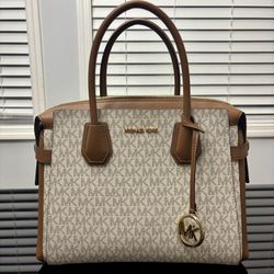  ⸻  Michael Kors Satchel Purse – Tan / Vanilla MK Monogram – Excellent Condition