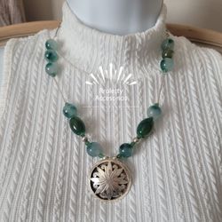 Sterling Silver 925 Necklace With A Huge Lotus Flower Pendant And Green Crystal Beads