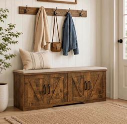 43-Inch Large-Capacity Shoe-Changing Bench, Storage Ottoman, And Long Bench with Four Barn Doors, Designed for Heavy-Duty Storage. Suitable for Entryw