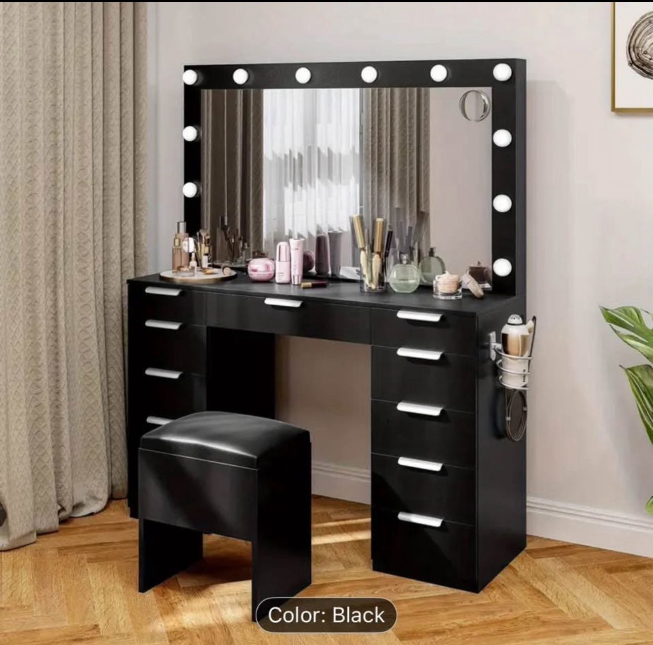 Modern Vanity Makeup Desk with Lighted Mirror & Storage Drawers + Stool