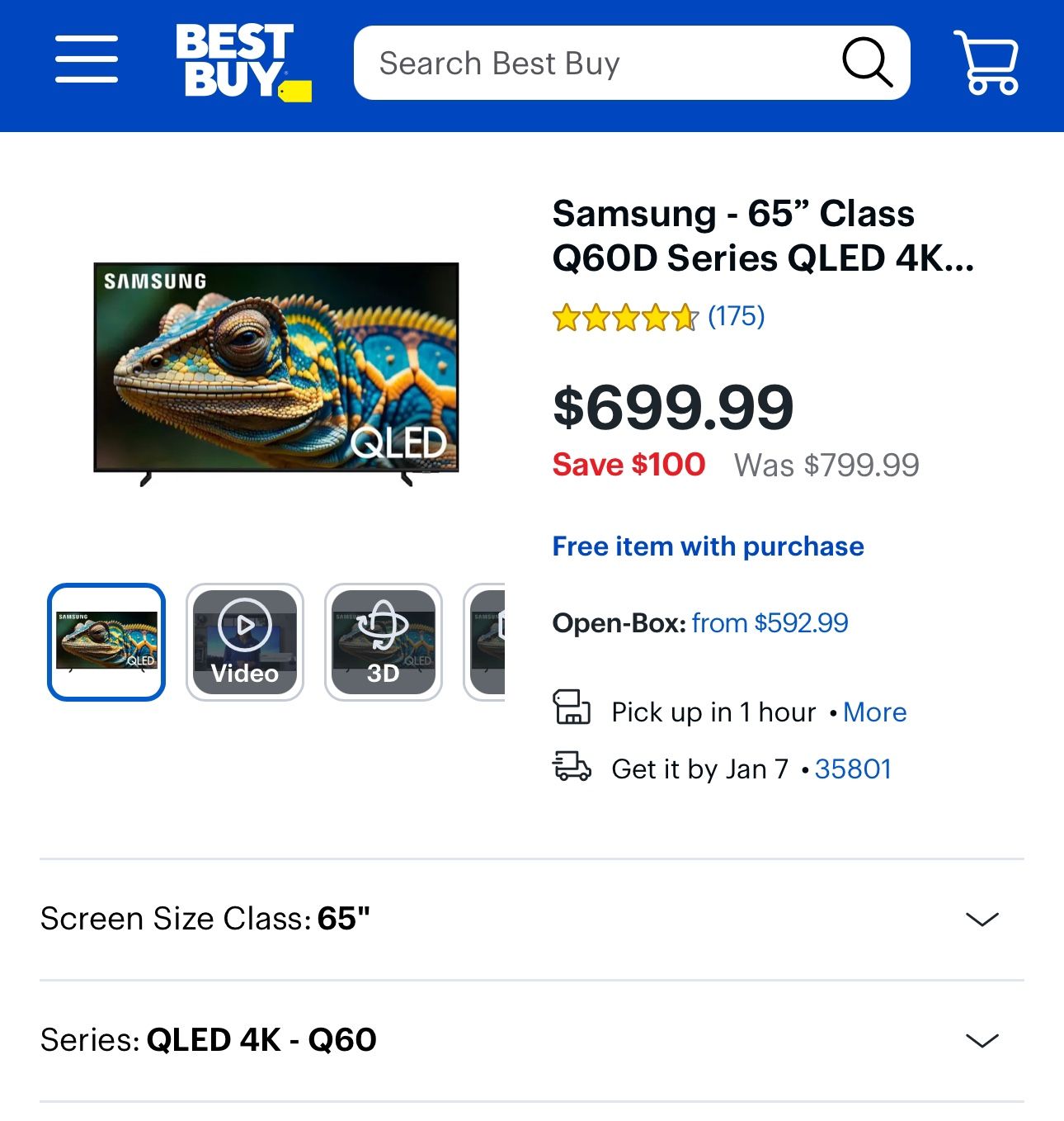 65” Samsung Qled Smart Tv