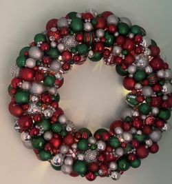 Handmade 23” Christmas Ornament Wreath – Red/Green/Silver – Extra Full – LED Lighted Holiday