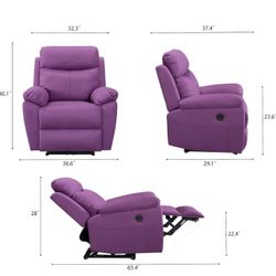 FC Design Power Recliner Chair with Pillow Top Arms USB Charging Port Linen Upholstered Linen Fabric - Purple