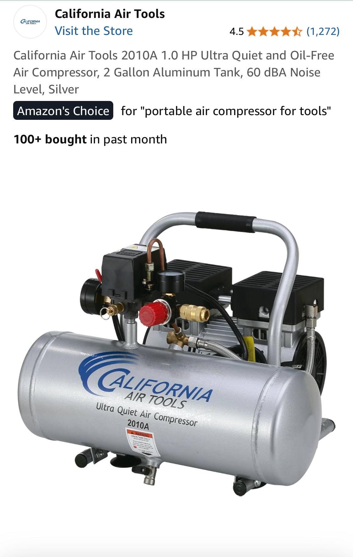 Air Compressor, 2 Gallon Aluminum Tank, 60 dBA Noise