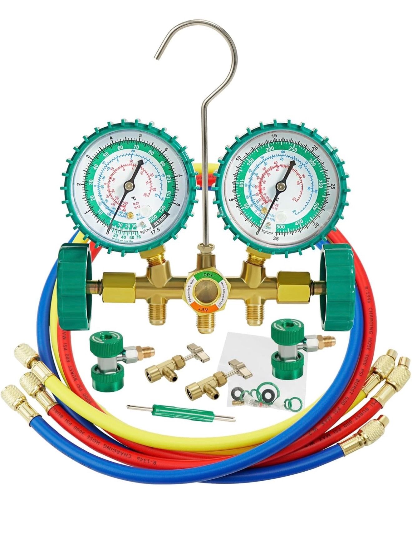 Motor Tech 3 Way AC Manifold Gauge Set for R134A R12 R22 R502 Refrigerants, with Quick Couplers, Two Can Taps, Hoses, Valve Core Tool, for Automotive