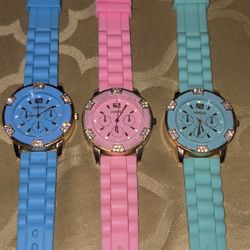 Lot of 3 Geneva Women's Silicone Crystal Quartz Jelly Wrist Watches.