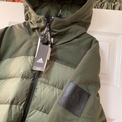Adidas Climawarm Down Jacket coat Mens 600 Fill Hooded Water Resistant Color Army Green or Olive Green... Size MEDUIM..  Brand New w/ Tag...