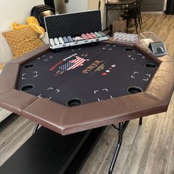 Poker Table With Chips, Cards, Dealing Shoe, And Chip Holder