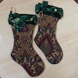 Vintage Joi Ellis Victorian Christmas Stockings Pair Tapestry Green Velvet 17”