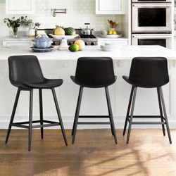 24Inch Black Leather Barstool Set Of 3 