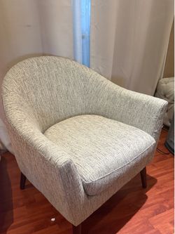Modern Barrel Accent Chair greige textured fabric w/ wooden legs