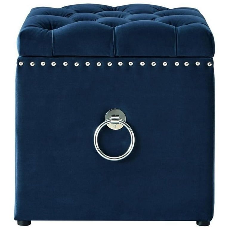 Maklaine 1-Piece Velvet Storage Ottoman in Navy/Chrome Finish