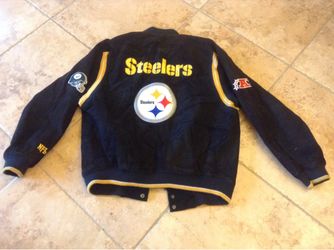 Steelers leather jacket and mug 125.00 BOTH CASH TEXT FOR PRICES.