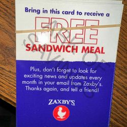 Zaxby's Free Meal Voucher Cards No Expiration