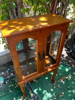 Vintage Wooden Curio Cabinet / Display Side Table – Glass Doors