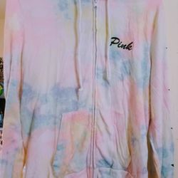 Pink Ladies Large Hoody Tye-dye Zip Sweater With Pockets 