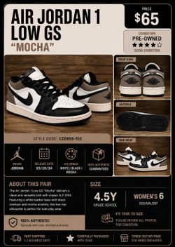 Jordan Retro 1 Mocha Size 4.5Y // 6 Women