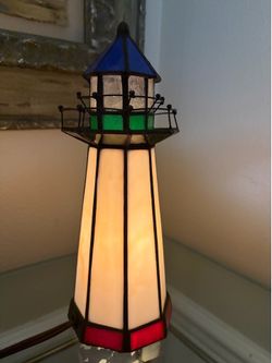 Vintage Glass Tiffany Style Stained Glass Lighthouse Accent Lamp 10”