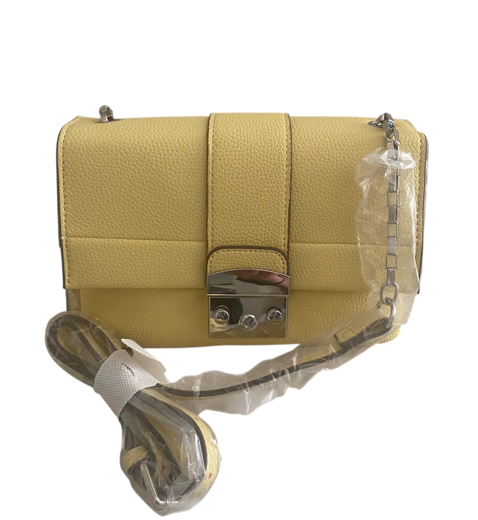 Tahari Mustard Yellow Pebbled Leather Shoulder Bag with Chain Strap