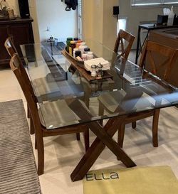Large Glass Kitchen Table,  78” x 38” , with 6 Wood Chairs