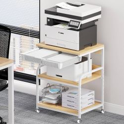 Large 3 Tier Printer Table with Wheels, 5-Adjustable Heights, Drawer & Storage for Printer Scanner Fax Home Office Use 