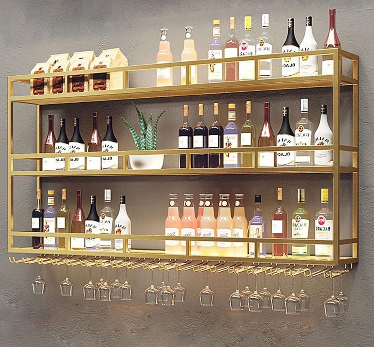 Large 59in Wine Rack With LED Lights Wall Mounted Bottle Glass Holder, 3-Tiers Liquor Floating Shelves 