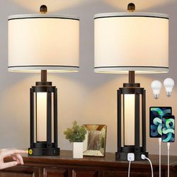 25" Modern Table Lamps Set of 2, Industrial Beside Lamps with USB A+C Charging Ports & AC Outlet, Nightstand Lamp with Glass Night Light for Living Ro