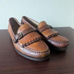 Allen Edmonds Loafers Mens 9 D Monterey Kiltie Belted Cognac Brown Leather Woven