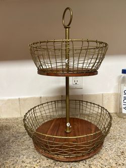 Two-Tier Wire and Wood Fruit Basket Stand