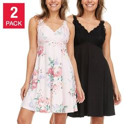 NIB Flora Nikrooz Women's 2-Pack V-Neck Soft Lace Trim Chemise Pink/Black L