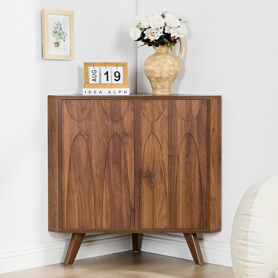 Floor Corner Cabinet,Small Corner Floor Cabinet with Adjustable Shelve, Freestanding Narrow Storage Organizer for Living Room Kitchen Bathroom (Walnut