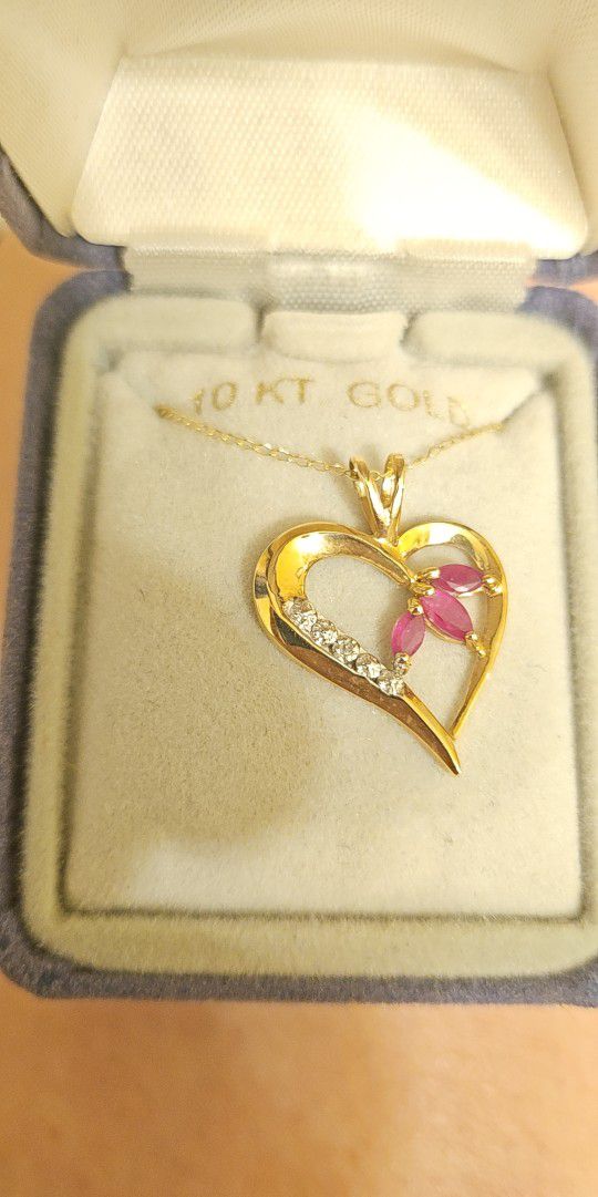 10K Gold Spinel And Diamond Heart Pendant Link Chain Necklace 