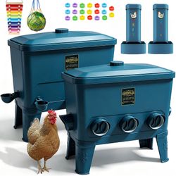 Large Automatic Port Chicken Feeder and Cup Waterer Set - Chicken Coop Accessories, No Waste Poultry Feeder, 9 Gallon/50 Pounds (Cyan)
