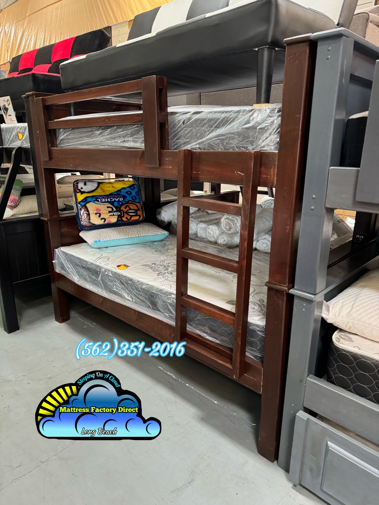 New Twin / Twin Brown Solid Pine Wood Complete Bunk Bed Litera With Mattresses 