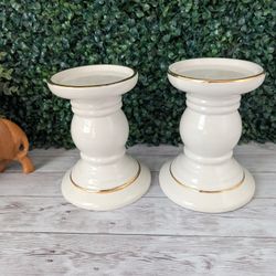 Porcelain Pillar Candle Holders Ivory Color With Gold Trim 6.5" Tall