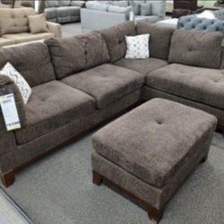 Brand New Brown Chenille Sectional Sofa Couch With Ottoman 
