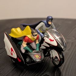 Hot Wheels Elite 1966 Batcycle with a sidecar and figures of Batman and Robin