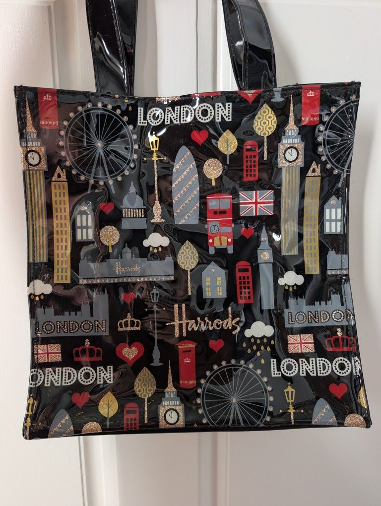 HARRODS LONDON Theme PVC Shopping Tote Bag Glossy Black Small BNWOT