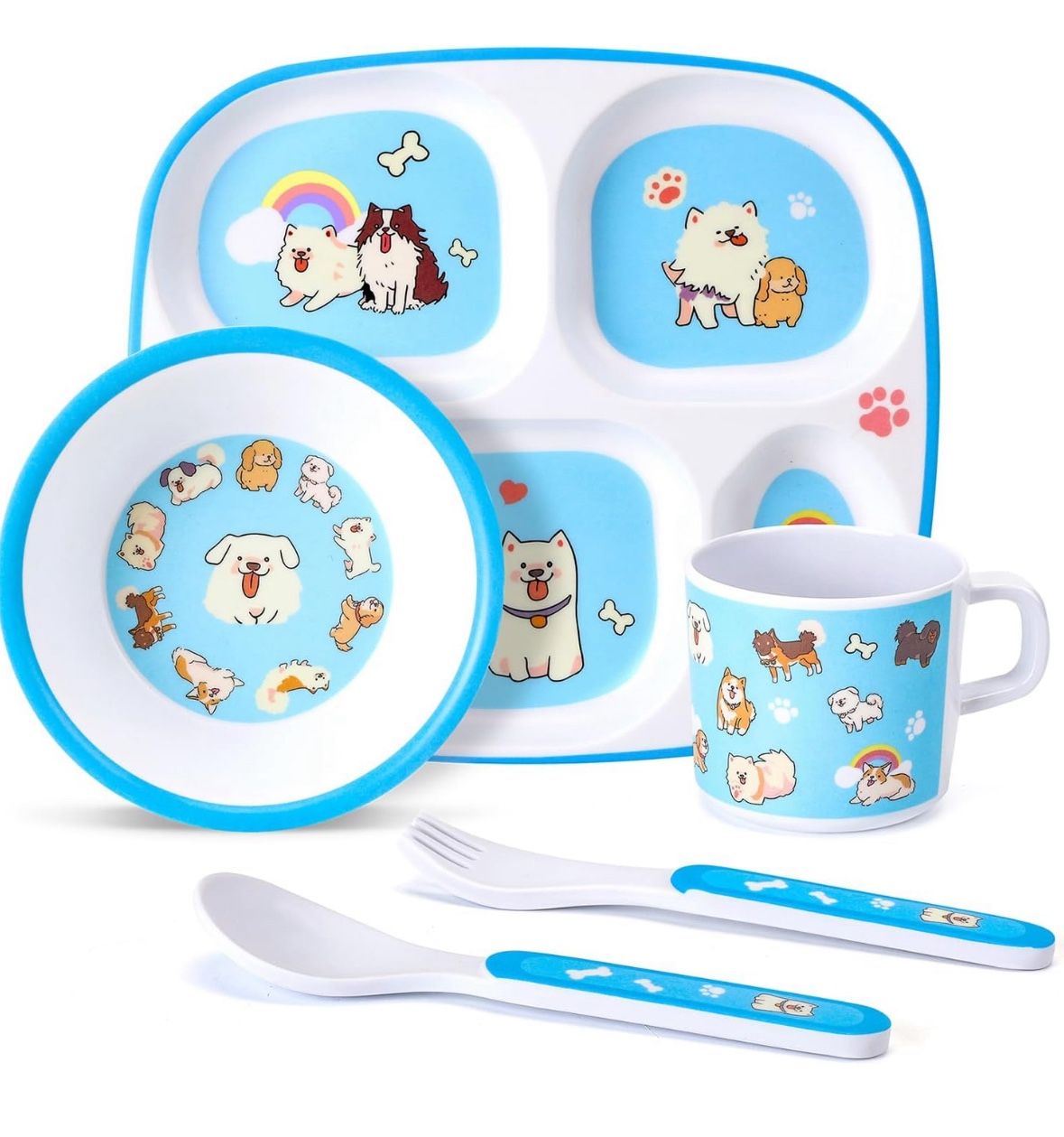 5-Piece Kids Melamine Dinnerware Set – Plate, Bowl, Cup, Fork & Spoon – BPA-Free, Durable & Lightweight Cartoon Set for Toddlers (Puppy Band)