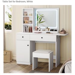 Makeup Vanity Desk with Mirror and Lights, Vanity Desk Set with Outlet & Drawers & Open Shelf & Storage Cabinet, Vanity Table Set for Bedroom, White