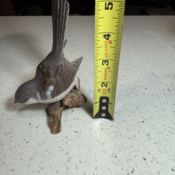 Hand-Carved Sparrow Bird Figurine on Wood Branch – Vintage Look