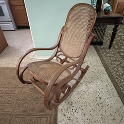 Vintage Wood And Rattan Rocking Chair