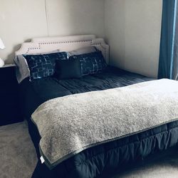 Queen bed,headboard,bedding and frame