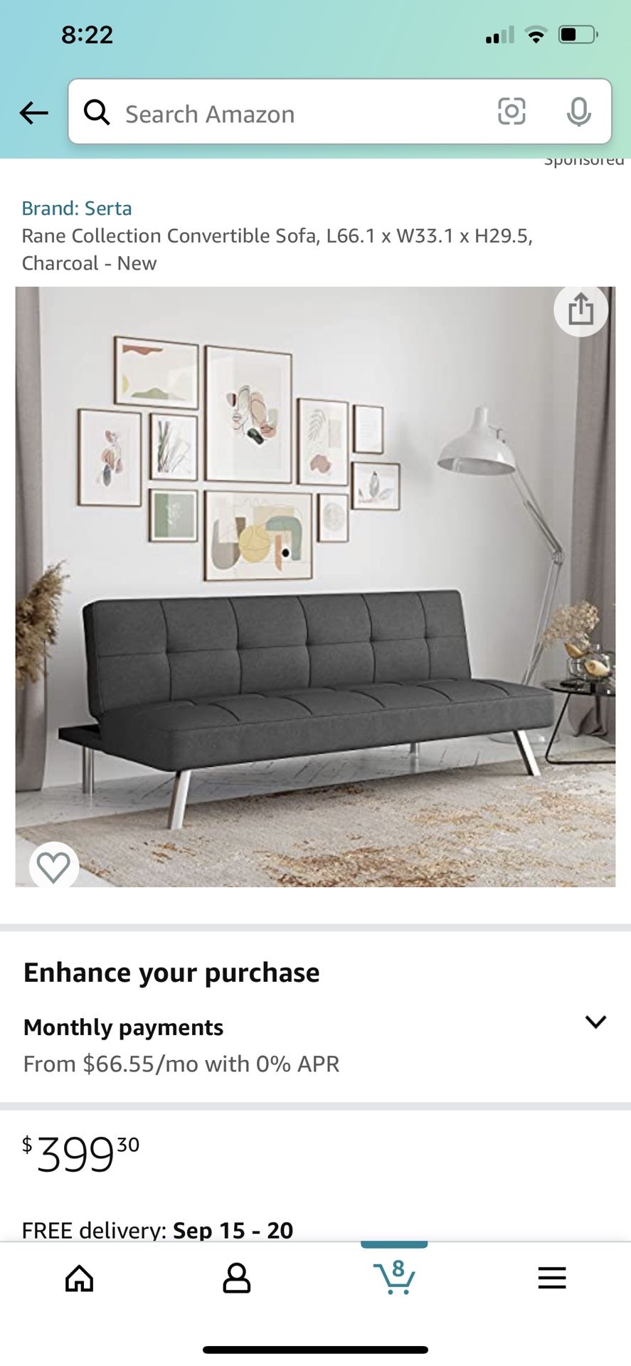 Rane Collection Convertible Sofa, L66.1 x W33.1 x H29.5, Charcoal