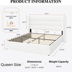Queen Size Lift Up Hydraulic Storage Bed Frame White Modern Wingback Headboard, Upholstered Platform Bed Frame, Hydraulic Underneath Stora