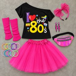 Women's 80s Costume Set Large I Love the 80s Shirt Pink Tutu Accessories New
