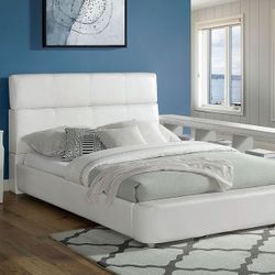 Brand New White Leather Modern Style Queen Size Bed Frame