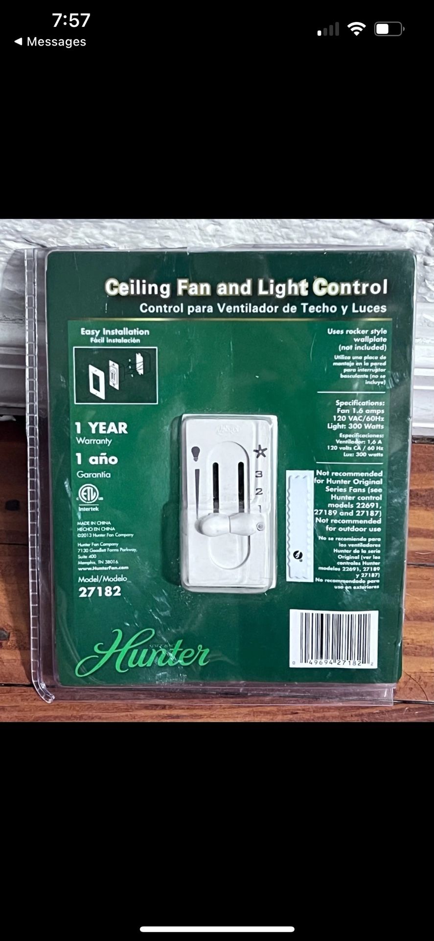 Hunter 27182 All-Fan 3-Speed Fan/Light Dual-Slide Ceiling Fan Switch